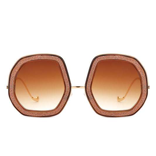 Xanadawn - Women Round Irregular Geometric Glitter Fashion Sunglasses