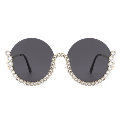 Gloriana - Women Circle Half Frame Oversize Rhinestone Fashion Round Sunglasses