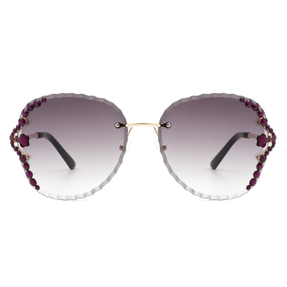 Lightblu - Women Fashion Oversize Rimless Round Rhinestone Design Sunglasses