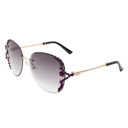 Lightblu - Women Fashion Oversize Rimless Round Rhinestone Design Sunglasses