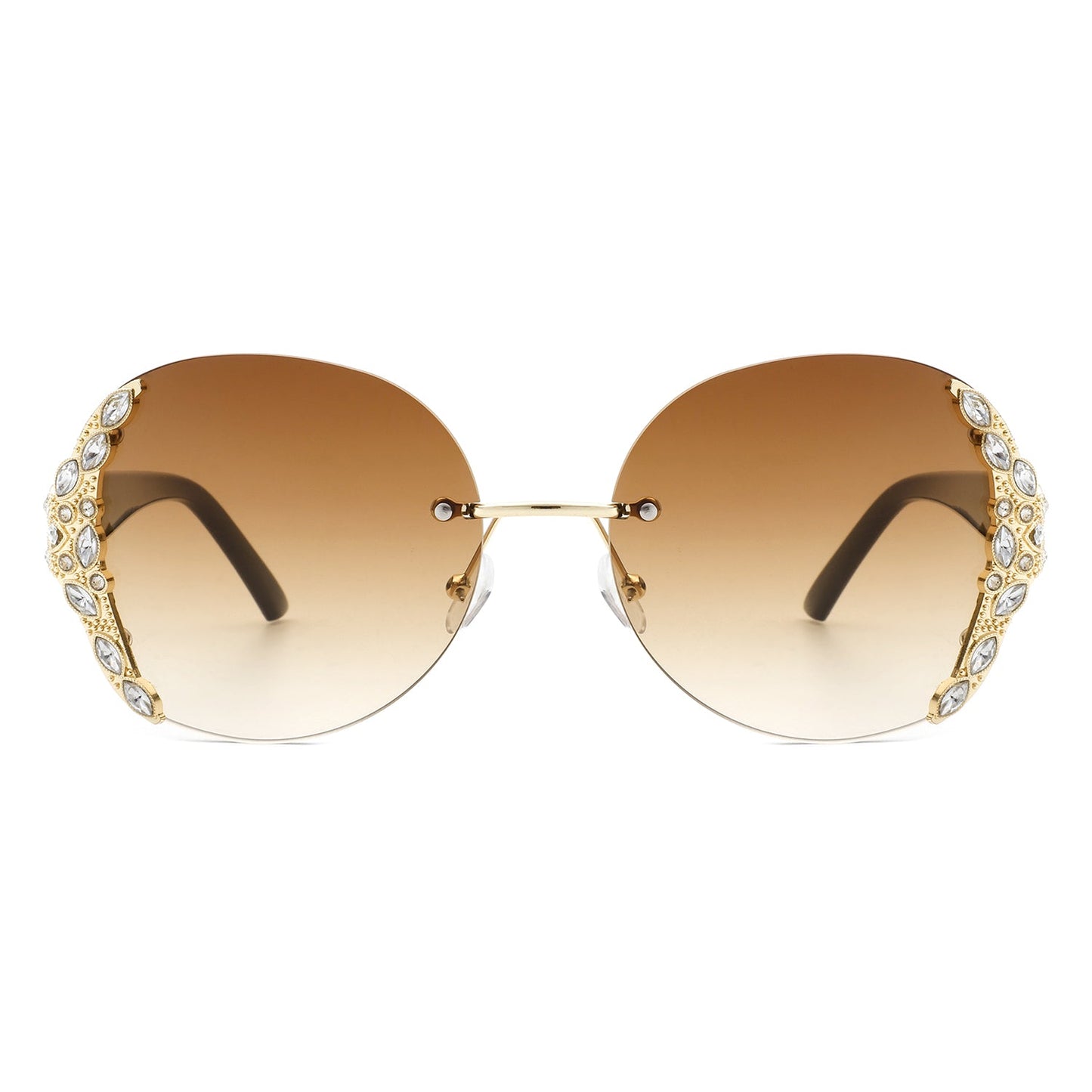 Jadeisle - Women Oval Rimless Rhinestone Design Round Oversize Sunglasses