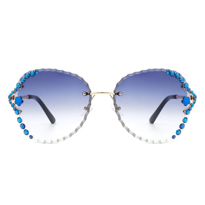 Lightblu - Women Fashion Oversize Rimless Round Rhinestone Design Sunglasses
