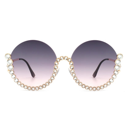 Gloriana - Women Circle Half Frame Oversize Rhinestone Fashion Round Sunglasses