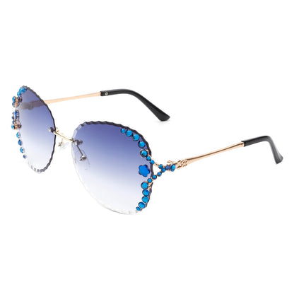 Lightblu - Women Fashion Oversize Rimless Round Rhinestone Design Sunglasses