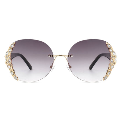 Jadeisle - Women Oval Rimless Rhinestone Design Round Oversize Sunglasses