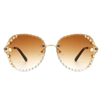 Lightblu - Women Fashion Oversize Rimless Round Rhinestone Design Sunglasses