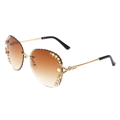 Lightblu - Women Fashion Oversize Rimless Round Rhinestone Design Sunglasses