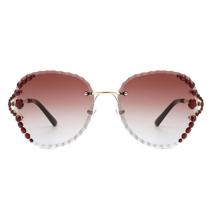 Lightblu - Women Fashion Oversize Rimless Round Rhinestone Design Sunglasses