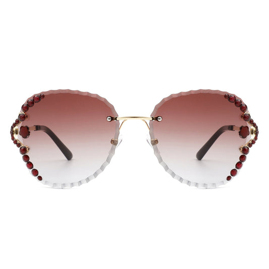 Lightblu - Women Fashion Oversize Rimless Round Rhinestone Design Sunglasses