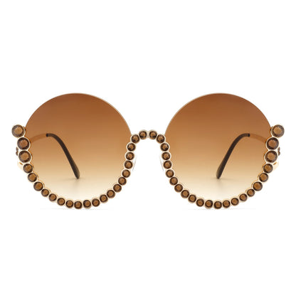 Gloriana - Women Circle Half Frame Oversize Rhinestone Fashion Round Sunglasses
