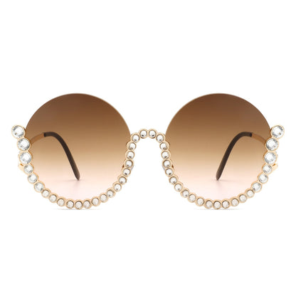 Gloriana - Women Circle Half Frame Oversize Rhinestone Fashion Round Sunglasses