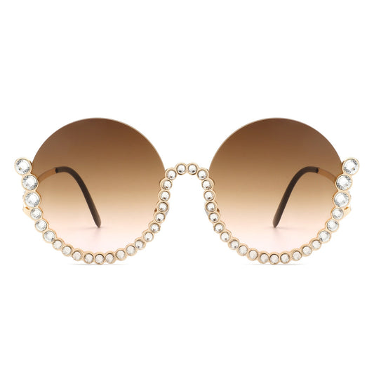 Gloriana - Women Circle Half Frame Oversize Rhinestone Fashion Round Sunglasses