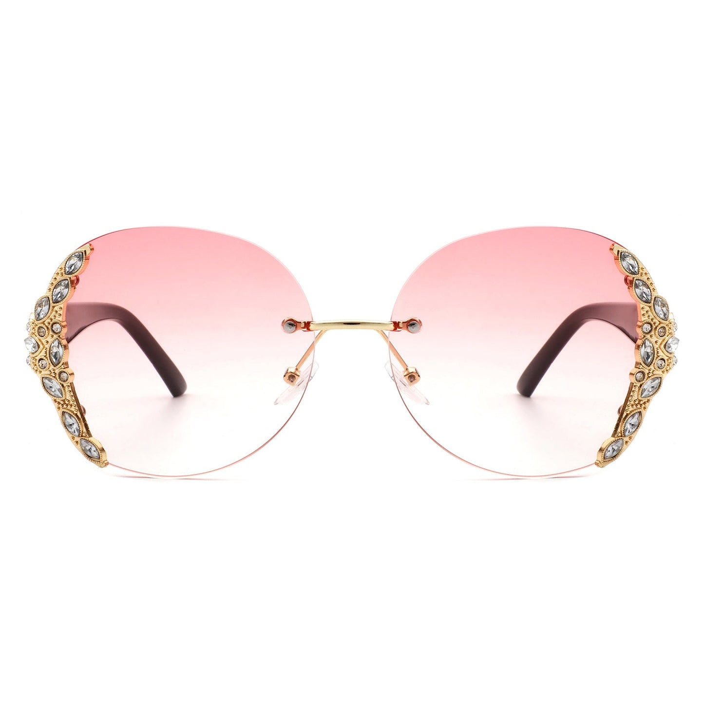 Jadeisle - Women Oval Rimless Rhinestone Design Round Oversize Sunglasses