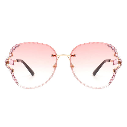 Lightblu - Women Fashion Oversize Rimless Round Rhinestone Design Sunglasses
