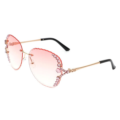 Lightblu - Women Fashion Oversize Rimless Round Rhinestone Design Sunglasses