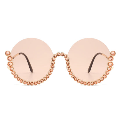 Gloriana - Women Circle Half Frame Oversize Rhinestone Fashion Round Sunglasses